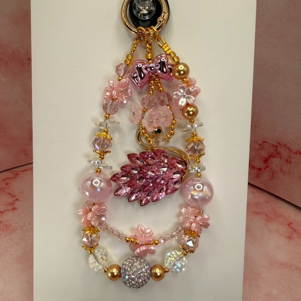 Handmade Pink Swan Bow Phone Wristlet Charm Beaded Pearl Crystal Keychain Bag